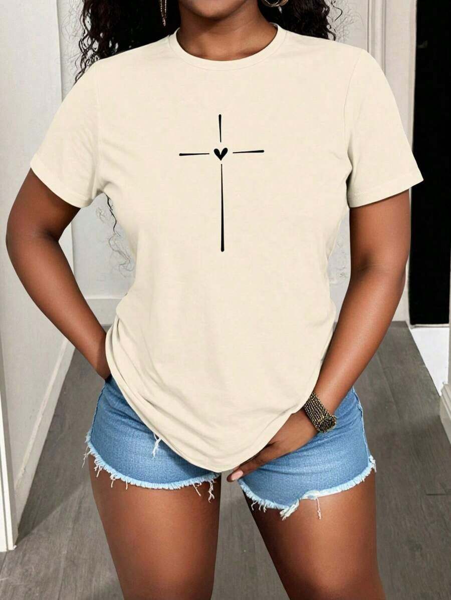 Camiseta de manga corta casual de ajuste ceñido para mujer con patrón de cruz para ropa de Año Nuevo - Negro 2 - Ver 1