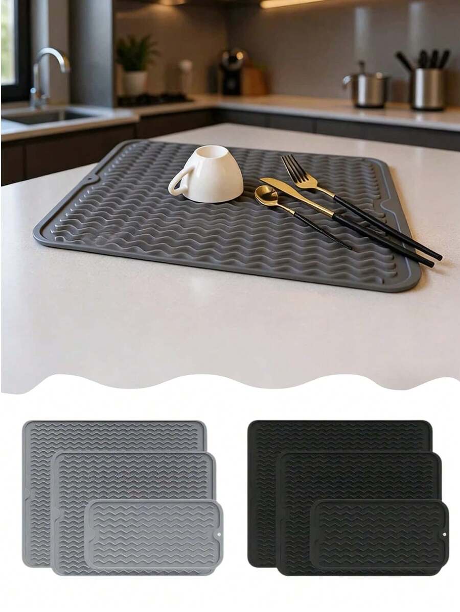 1 Tấm lót/thảm phơi bát đĩa, màu xám/đen, làm bằng silicon, thảm thoát nước bát đĩa có gờ thoát nước lượn sóng, chịu nhiệt, thảm thoát nước nhà bếp, thiết kế chống trượt, dễ vệ sinh. - Nhiều màu - Xem 1