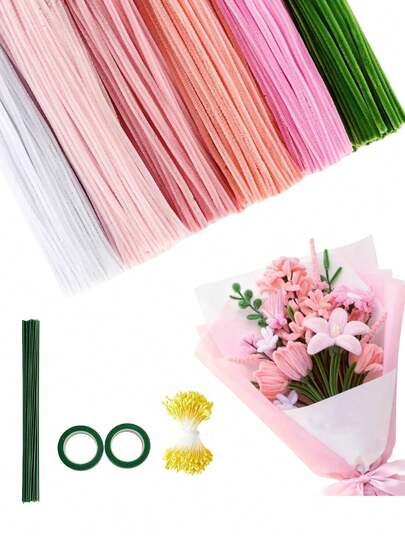 633 Stücke/423 Stücke Pfeifenreinigungszubehör, 6 Packungen Pfeifenreinigungsstäbe, DIY Blumen Bastelset mit Filzstäben, Bändern, Staubfäden und Schleifen - ideal für Muttertag, Geburtstaggeschenke, DIY Bouquet Herstellung und Haushaltsbastelprojekte