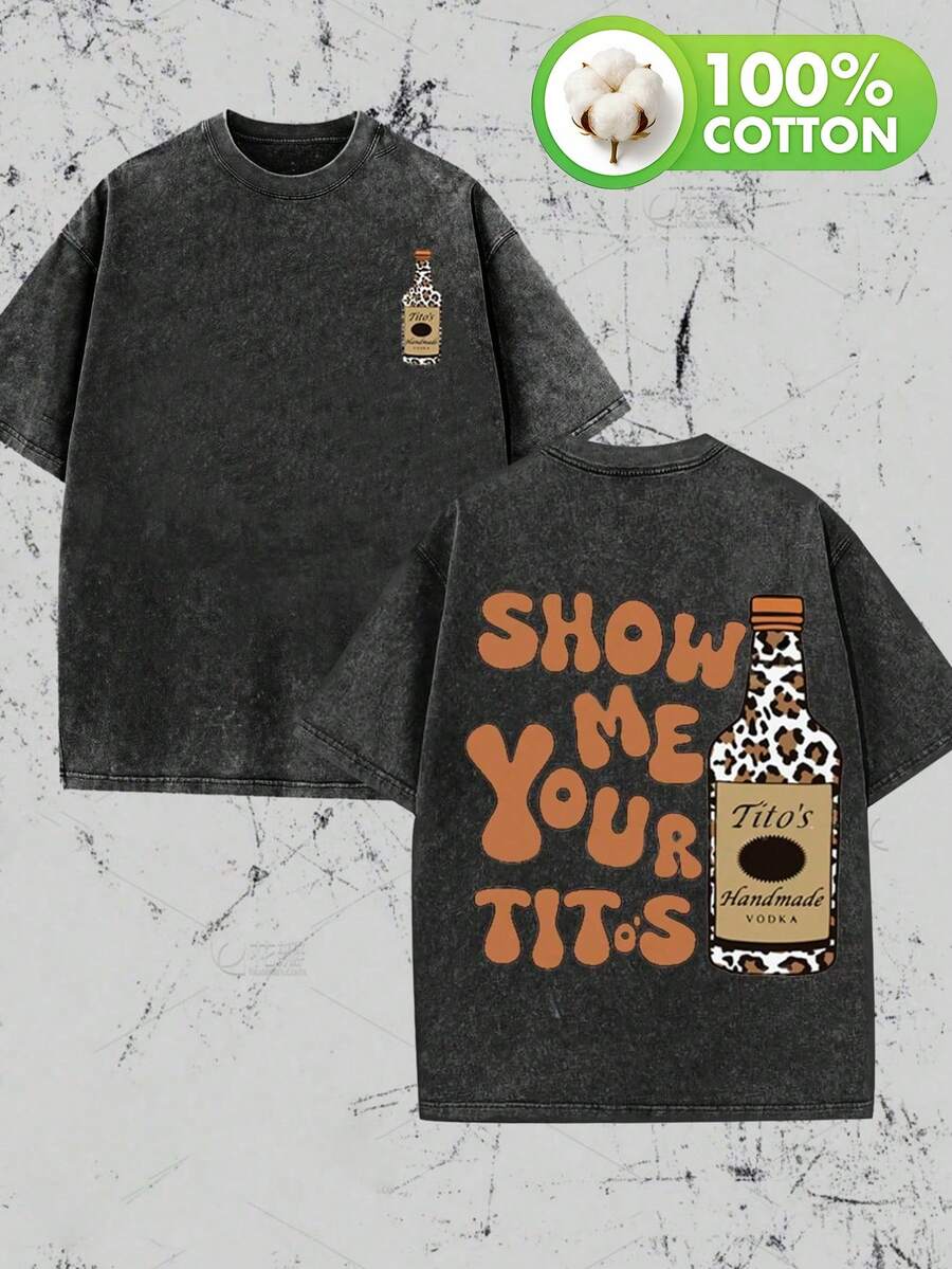 Retro Style, Tito's Vodka Lovers, Leopard Print, Humorous "SHOW ME YOU TITOS" Printed On The Print, Washable Double-Sided Printed Retro T-Shirt... Retro Loose T-Shirt, Casual Style T-Shirt, Machine Washable, Washable Old T-Shirt; Cool Graphic Design T-Shirt, Durable And Comfortable Fabric, Street Fashion Sense, A Must-Have For Street Style Lovers, Top-Quality Sportswear, Suitable For Daily Commuting, Dates, Casual Wear, And Perfect For Holiday Gifts, The Top Choice For Gifting. - Black - View 1