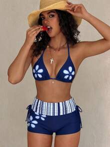 Bộ bikini 2 mảnh in hoa màu đỏ đậm bán chạy nhất mùa Xuân/Hè 2026, chất liệu co giãn, thiết kế gợi cảm và thời trang, mặt hàng bán chạy nhất cho kỳ nghỉ biển của nữ. - Xanh đậm - Xem 1