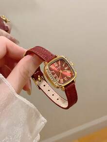1. 黑色/棕色方形PU皮革女士石英表，复古时尚简约，适合日常佩戴，新年/毕业礼物，休闲聚会之选。 - 紅色 - 查看 1