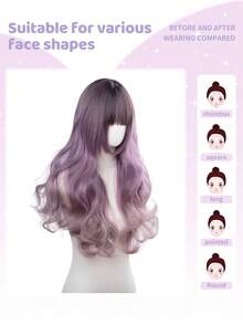 26-Inch Long Synthetic Wig Featuring A Natural Wavy Style In A Stunning Purple Gradient. Designed With Bangs , It Is Crafted From Heat-Resistant Fiber To Ensure Durability. This False Hairpiece Is Perfect For Daily Use, Offering A Natural And Realistic Appearance That Mimics. - Purple Ombre - View 2