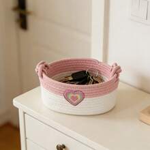 Cesta de lavandería para habitación de niñas, cesta de almacenamiento con corazón rosa, cesta de cuerda tejida, cesta redonda linda para mantas, cesta de almacenamiento de juguetes con asas, cesta de decoración del hogar adecuada para dormitorio, baño, dormitorio - Multicolor - Ver 12