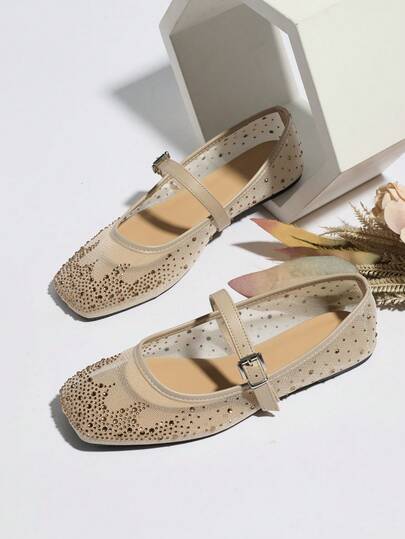 Plus Size Women's Crystal Mesh Breathable Apricot Square Toe Mary Jane Shoes, Casual Comfortable Vacation Sandals Suitable For Dresses