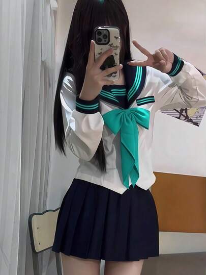1pc Japanese School Style Cosplay Outfit, Sweet Blue Sailor Collar Long Sleeve Top, Pleated Skirt, Tie 3-Piece Set, Suitable For Party, Graduation Photo Shoot