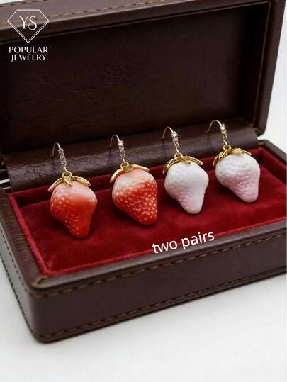 两对时尚草莓水果耳环，优雅水钻耳钩，可爱风格女士耳环，适合休闲、派对和校园佩戴