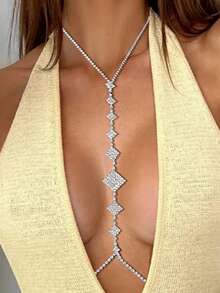 1pc Elegant Women's Rhinestone Chest Chain, Suitable For Formal Dress Accessory - Silver - View 1