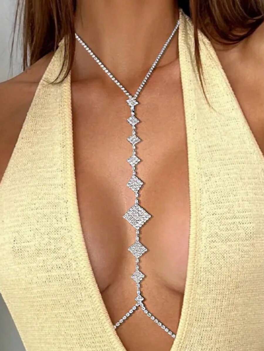 1pc Elegant Women's Rhinestone Chest Chain, Suitable For Formal Dress Accessory - Silver - View 1