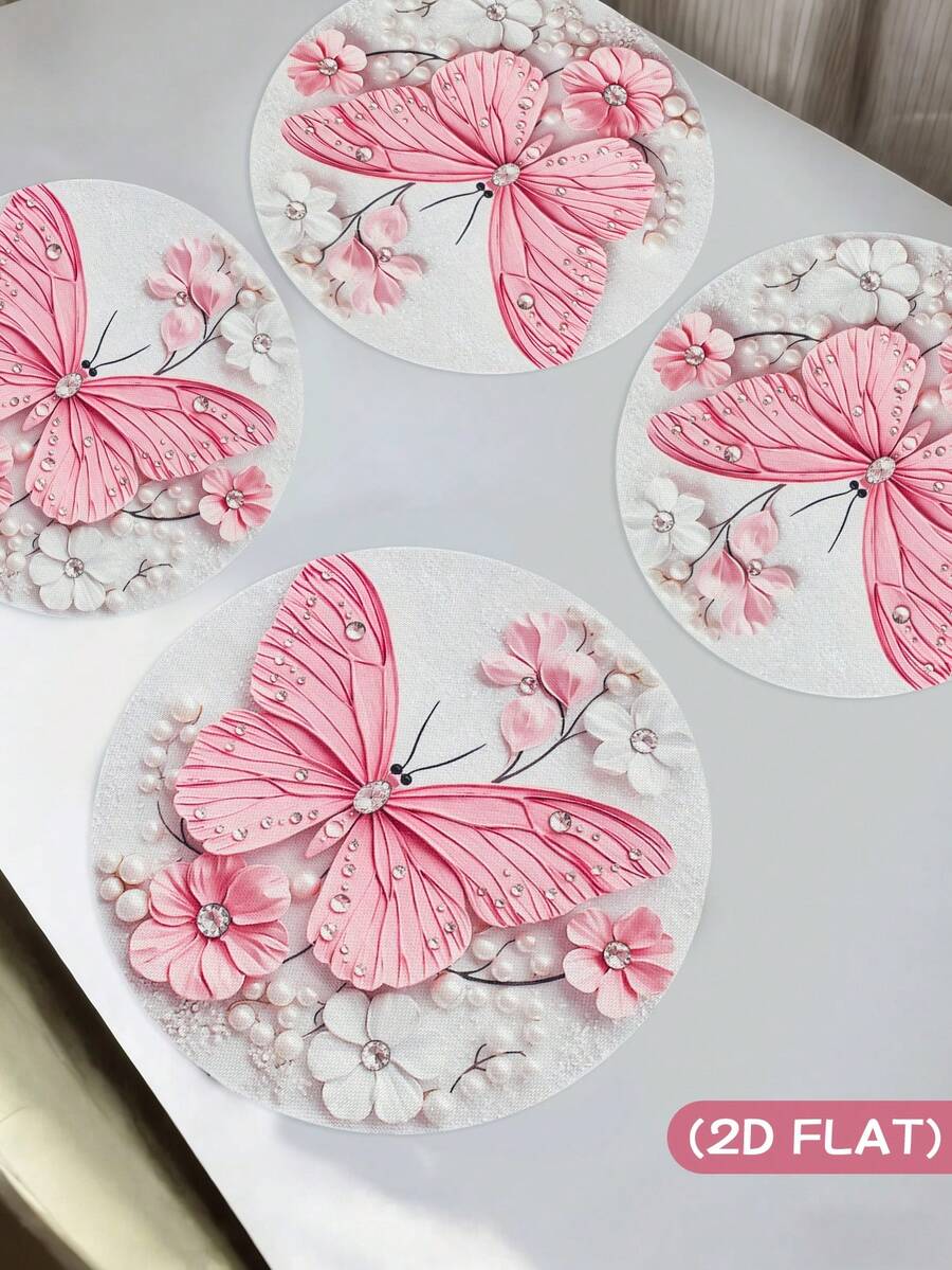 4件套3D蝴蝶花卉珍珠质感餐垫，女士派对用品桌面装饰，节日餐桌装饰，优雅厨房装饰，餐饮配件，家居装饰，季节性餐具，餐桌布置，春季装饰，餐具装饰，适用于婚礼、生日派对和宴会