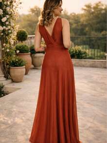 Long Party Dress With Chic Luxurious Terracotta Scarf. - Naranja Quemada - Ver 4
