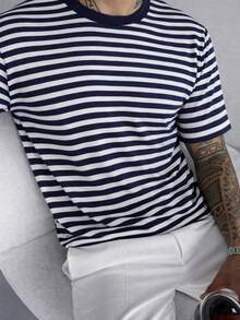 Modern Striped Slim Fit T-Shirt,  Style, All Slim Fit. - 藍白條紋 - 查看 3
