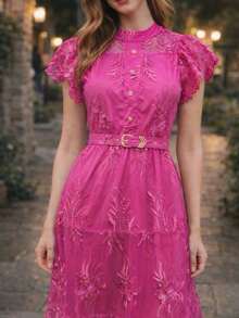 Midi Dress With Embroidered Tulle And Three Tiers, With Belt | Elegant And Romantic - 玫紅色 - 查看 3