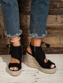 Velvet Fashion Button Closure Jute Rope Stylish Lightweight Wedge Heel Women Shoes - Black - View 4