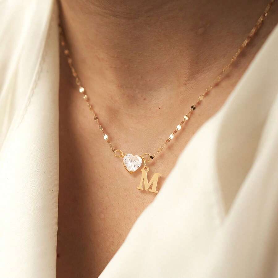 1 pieza Collar de cadena de acero inoxidable dorado con colgante de corazón de cristal artificial con inicial de moda simple para mujeres - Amarillo Oro - Ver 1