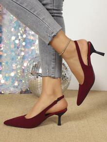 Elegant Pointed Toe Stiletto High Heel Ladies Backstrap Pumps, Fashion Chic High Heel Shoes In Black, Beige, Suede - Burgundy - View 7