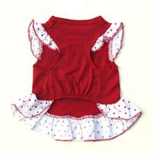 1 pieza Vestido con volantes lindo para mascotas, estampado floral rojo, tela suave y transpirable, adecuado para uso diario de perros y gatos pequeños/medianos - Rojo - Ver 6
