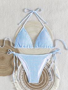 Bikini de dos piezas con estampado de leopardo fruncido y cuello halter, conjunto de baño con tiras anudadas estilo europeo, superventas todo el año para fiestas en la playa - Fondo blanco con rayas azules - Ver 5