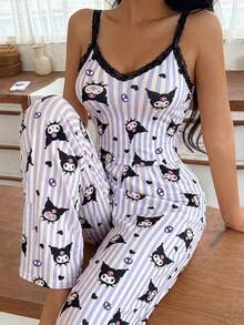 SANRIO 两件套 Hello Kitty 图案女士睡衣套装，柔软吊带背心和长裤睡衣，可爱舒适的家居服 - 紫色 - 查看 3