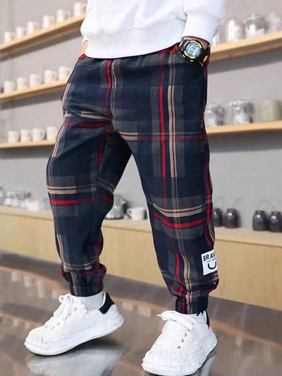Tween Boys Loose Plaid Casual Pants - Burgundy - View 1