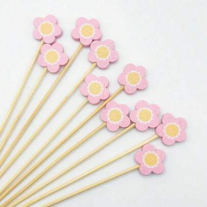 100pcs Floral Cocktail Picks, Suitable For Appetizers, 11.94cm Length, Bamboo Made. These Handmade Cocktail Sticks Are Perfect For Decorating Fruits, Beverages, Desserts And Party Foods
