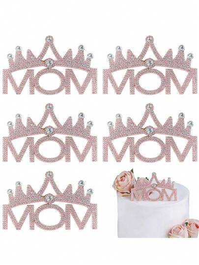 5 chiếc phụ kiện trang trí bánh kem hình chữ "Mẹ" màu hồng bạc, phụ kiện trang trí bánh kem sang trọng đính đá lấp lánh cho Ngày của Mẹ, sinh nhật, phụ kiện trang trí bánh kem Ngày của Mẹ.