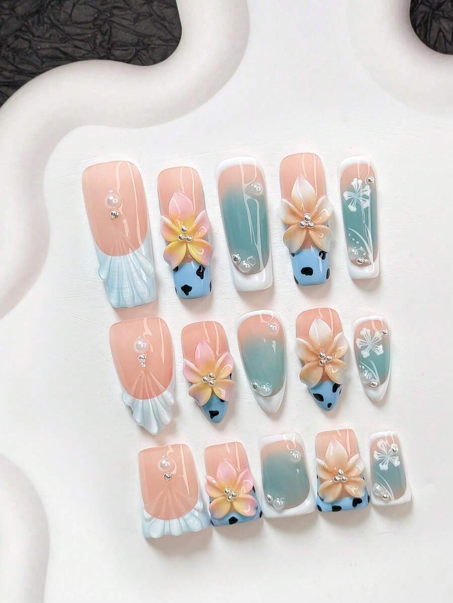 Set de 10 piezas de arte de uñas de estilo de vacaciones en la playa, que incluye kit de uñas de gel, decoración de uñas con flores de 5 pétalos rosadas degradadas pintadas a mano, perlas blancas, patrón de olas sólidas pintado a mano, estampado floral de 5 pétalos blancos, decoraciones de uñas con estampado de leopardo negro, con herramientas para uñas (1 pegatina de gelatina + 1 lima de uñas). Disponible en formas de almendra, pico de pato y ataúd, adecuado para fiestas, uso diario, sesiones de fotos, oficina y un regalo ideal para damas o mujeres jóvenes - Multicolor - Ver 1