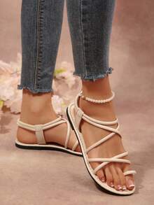 New Versatile Criss-Cross Strap Flat Sandals, Summer Roman Style Slip-On Sandals, Gentle Goddess Vibe - Beige - View 7