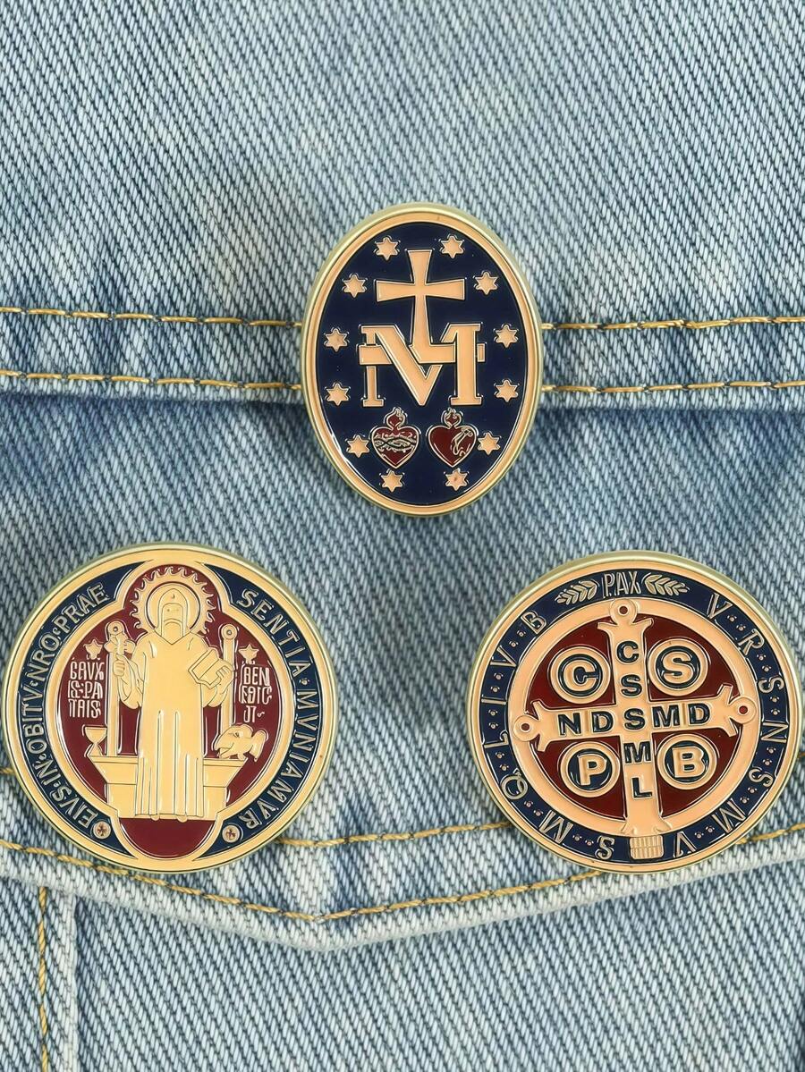 3件套天主教宗教珐琅徽章套装 | 圣本笃奖章胸针，适合装饰背包、外套，是虔诚天主教徒的理想之选 - 彩色 - 查看 1
