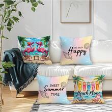 4pcs Flamingo & Palm Tree Printed Velvet Throw Pillow Covers, 100% Polyester, Suitable For Living Room, Sofa, Bedroom, 40x40cm/45x45cm/50x50cm - Multicolor 10 - View 9