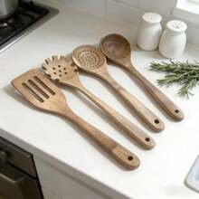 Juego de 6 Utensilios de Cocina de Madera Natural – Espátulas, Cucharas y Coladores para Cocina Saludable y Elegante - Marrón - Ver 2