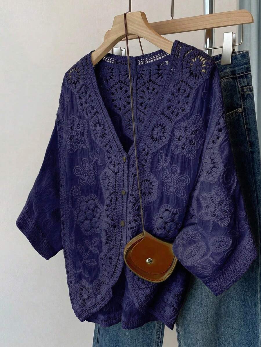 JIANHU Petite Bohemian Style Crochet Knit Blouse - Romantic Floral And Geometric Lace Cover-Up, Suitable For Vacation And Daily Wear, Lightweight V-Neck Button Style - Navy Blue - View 1