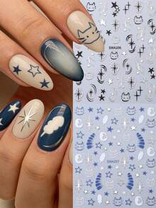 2 Stück süße 3D Stern & Mond Katzenpfoten Nail Art Aufkleber, Cartoon Stil, geeignet für Frauen & Mädchen DIY Nageldekoration Accessoires - Verschiedenfarbig - Übersicht 2