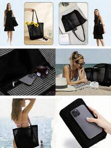 Mesh Bag, Women's Casual Foldable Shoulder Bag, Picnic Bag, Waterproof, Foldable, Essential Bag, Multifunctional Shopping Bag. - 黑色 - 查看 5
