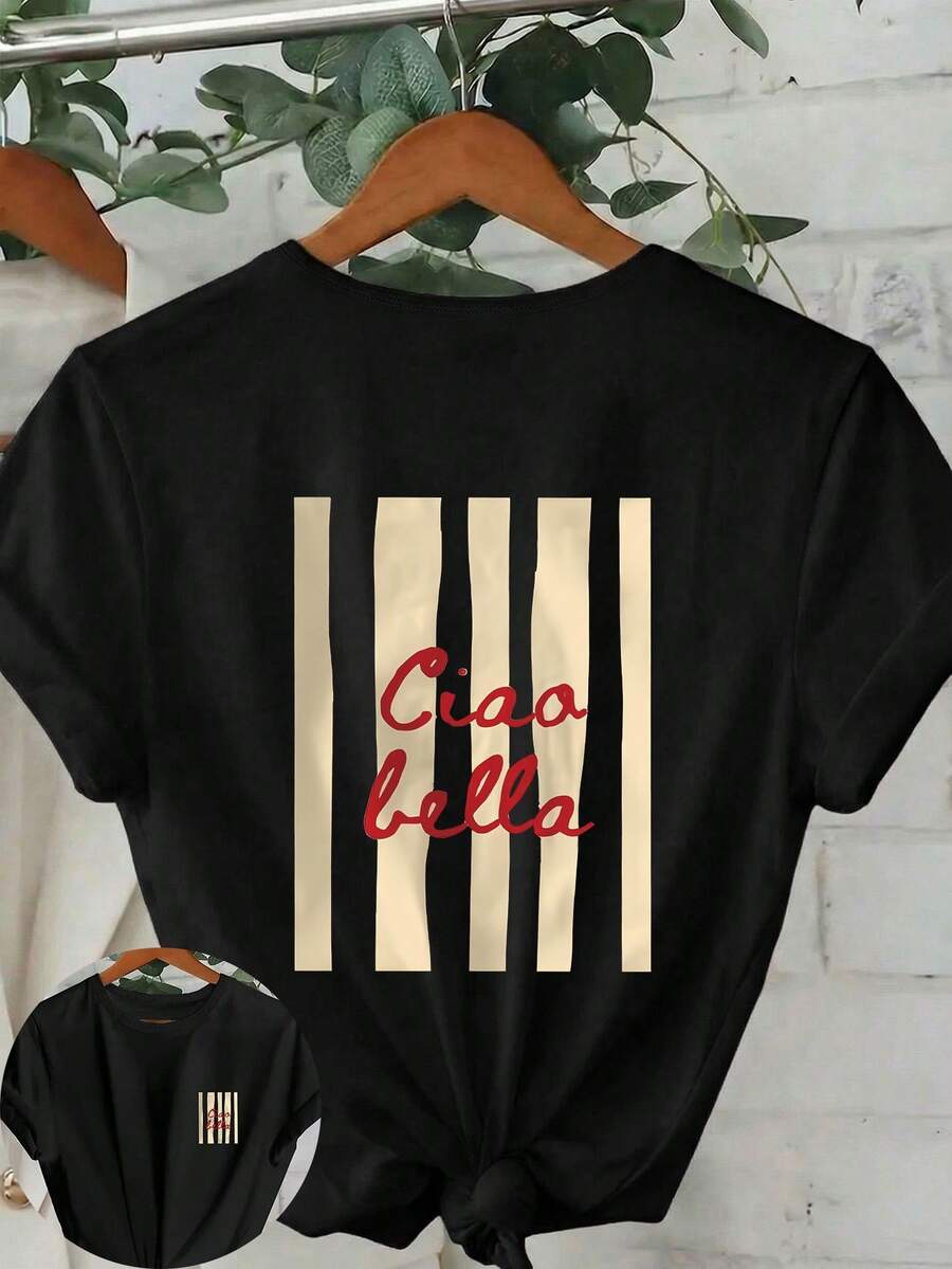 Women's Letter Print Round Neck Casual Versatile Daily Wear Short Sleeve T-Shirt Black Summer - Black - View 1