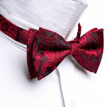 Red Paisley Pre-Tied Bow Tie Pocket Square Cufflinks Set For Men Wedding Formal Party - Red - View 2