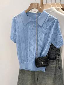 女款優雅休閒針織套頭上衣，純色 Polo 領短袖鏤空半透設計上衣，女士通勤、日常、派對、極簡時尚、街頭風、度假夏季穿搭 - 藍色 - 查看 1