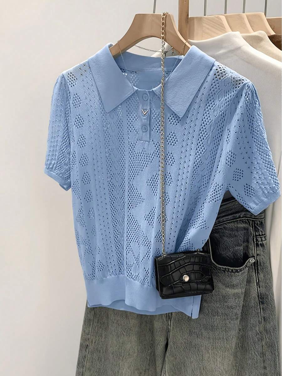 女款優雅休閒針織套頭上衣,純色 Polo 領短袖鏤空半透設計上衣,女士通勤、日常、派對、極簡時尚、街頭風、度假夏季穿搭 - 藍色 - 查看 1