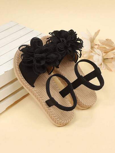 1 Pair Plus Size Black Toddler/Girls' Flat Beach Sandals, Solid Color Mesh Strap, Floral Strap Sandals, Elastic Back Heel Slip-On Design, Round Toe Open Toe Comfortable Cute Roman Sandals, Suitable For 3-15 Years Old Boys And Girls, Daily Casual Travel Holiday Wear, Spring/Summer New