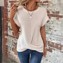 Women's Beige Waffle Knit Round Neck Dolman Short Sleeve Twist Front Hem Casual Top Minimalist Streetwear - sữa - Xem 1