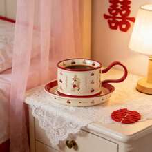 Mushroom & Cherry Countryside Style Cute Ceramic Coffee Cup & Saucer Set, High-Quality Couple Cups, Wedding/Home Gift, Tea/Coffee Mug - Red - View 6