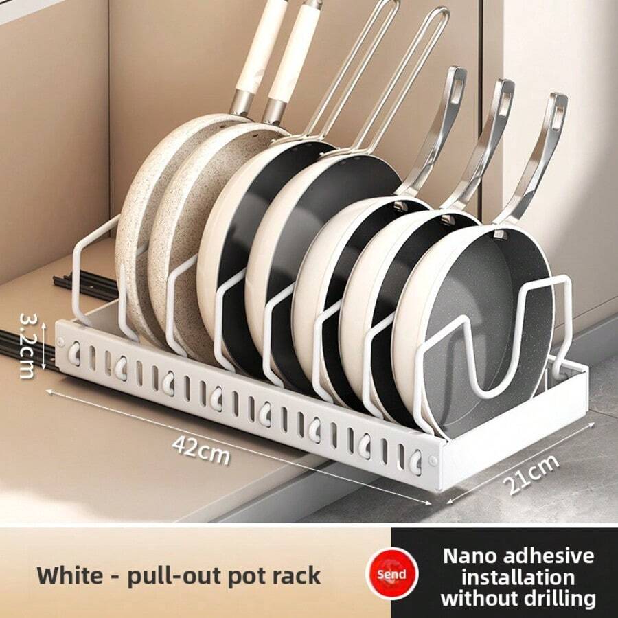 1 pieza Organizador de tapa de olla deslizante, Soporte montado en el gabinete para tapas de ollas y utensilios de hornear, Estante deslizante para almacenamiento de utensilios de cocina - Blanco - Ver 1