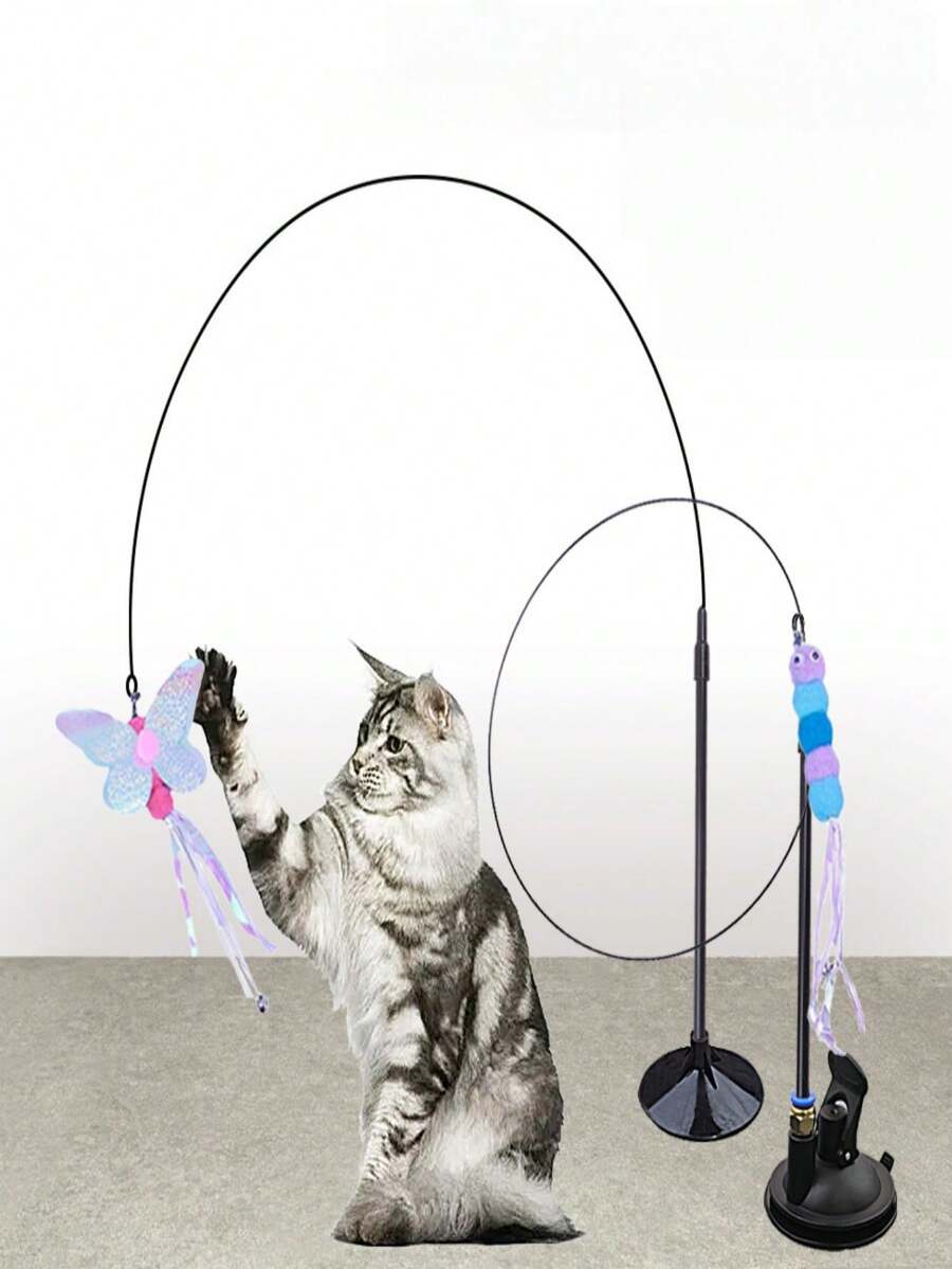 1个猫咪逗猫棒玩具，带可替换羽毛和铃铛，互动宠物玩具，用于猫咪锻炼和娱乐，手持式逗猫棒配有各种昆虫形状的配件