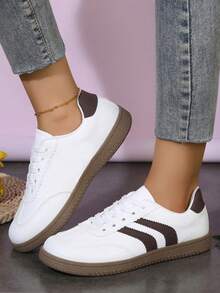 Zapatillas deportivas casuales de mujer con contraste de color, entrenadores versátiles con cordones - Blanco - Ver 8
