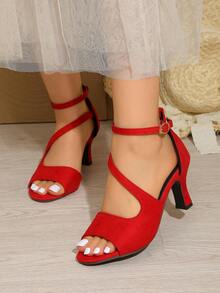 Giày sandal cao gót dáng rộng cho nữ, giày hở mũi kiểu dáng thường ngày, gót nhọn, đa năng phù hợp với váy và các dịp trang trọng, cỡ lớn. - Đỏ - Xem 2