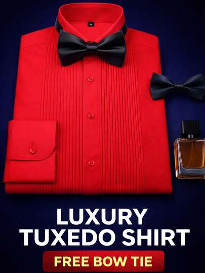 1 Áo sơ mi tuxedo nam cổ cánh, thiết kế xếp ly phía trước, tặng kèm nơ đen, trang phục trang trọng cổ điển thanh lịch cho đám cưới và tiệc tùng.