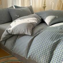 2/3 pièces Ensemble de housse de couette à carreaux, rayures, motif minimaliste, 1 housse de couette, 1/2 taies d'oreiller (sans rembourrage), tissu en lin lavé doux et respirant, durable et anti-boulochage, convient pour toutes les saisons, adapté aux lits jumeaux, doubles, queen et king, lavage machine - Vert menthe - Voir 1