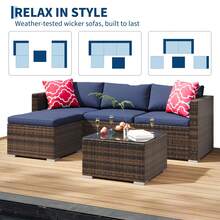 5-Piece Outdoor Sectional Sofa Set, All-Weather PE Rattan Patio Furniture With Ottoman & Tempered Glass Table, Convertible Garden Couch For Backyard, Porch, Poolside - Brown/Navy Blue - View 8