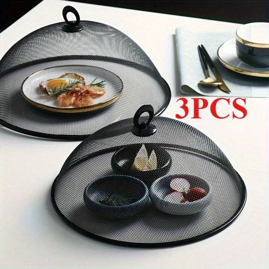 1/3pcs Reusable Metal Mesh Dome Cover - 30cm Round Top Barbecue Picnic Camping Anti-Insect Net Cover - Durable Outdoor Tabletop Anti-Insect Net, Black Picnic Food Protective Net - Black - View 1