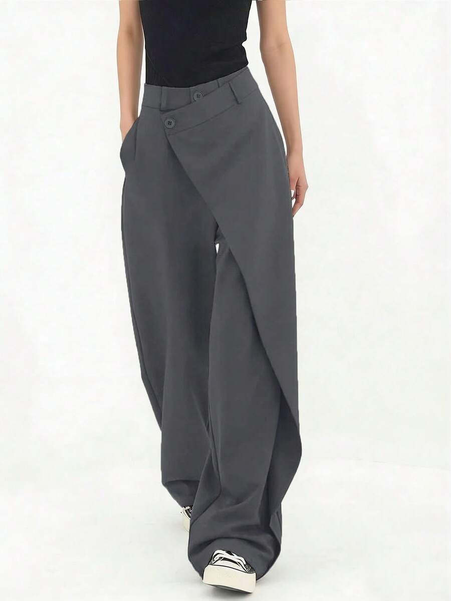 Pantalones anchos de traje para mujer, pantalones sueltos negros, pantalones rectos asimétricos, pantalones casuales delgados y elegantes para primavera/verano - Gris - Ver 1